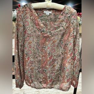 Liz Claiborne Colorful Paisley Print Blouse with Silver Metallic Pinstripes